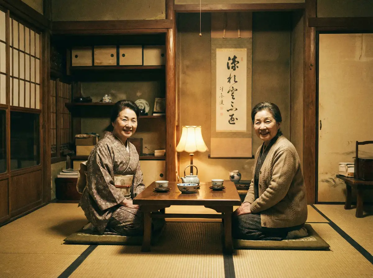 两位优雅的 色情动漫 在日式茶室中品茶交谈